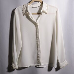 VTG White Pearl Collar Long Sleeve Secretary Blouse 10 P Glamoratti Office SEE